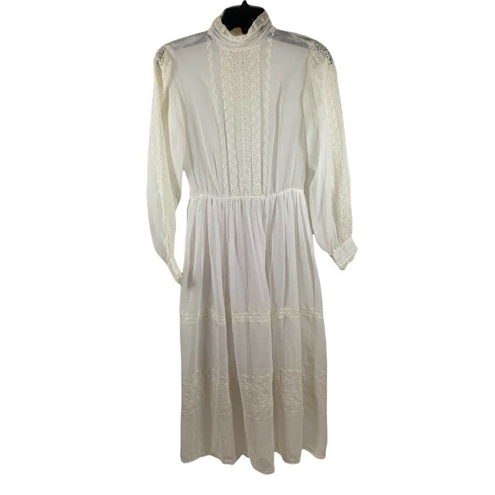Vintage 1960's / 1970's Unbranded Size 4 Boho Maxi Dress Lace Trim Linen Blend